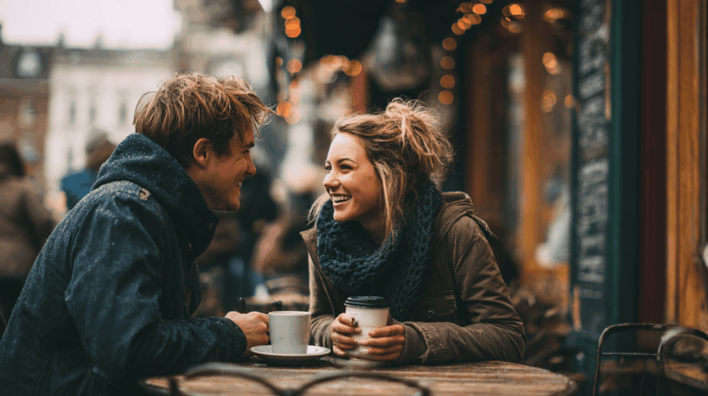 Stel drinkt samen koffie op een terras